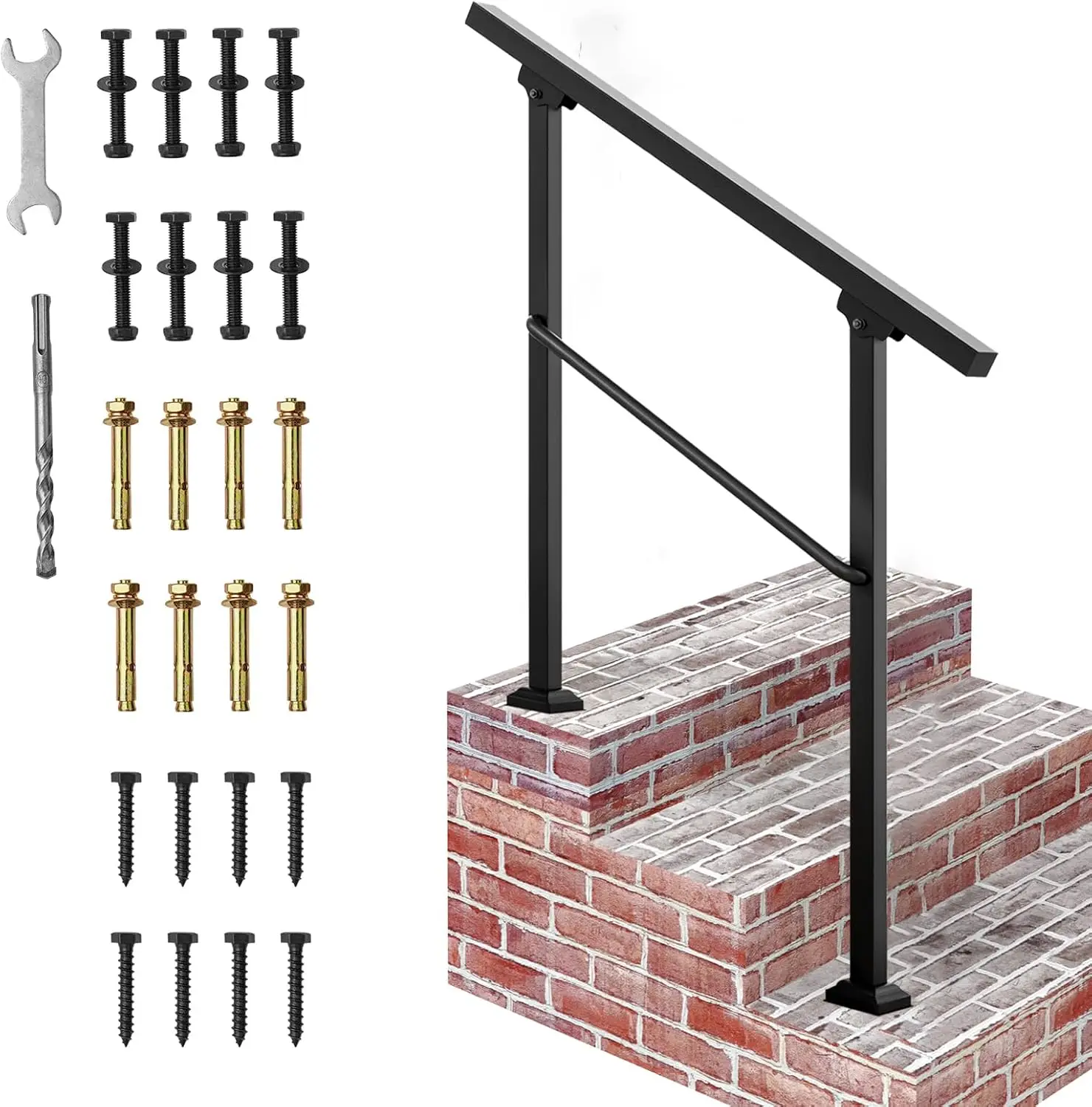 

Outdoor Step Handrails, Metal Porch Railing for 2-3 Steps, Deck Handrail Kit in Wrought Iron Style for Concrete and Porch Steps