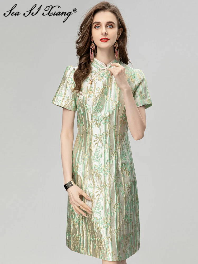 

Seasixiang Fashion Designer Summer Jacquard Dress Women's Stand Collar Short Sleeve Disc Buckle Chinese Style Dresses