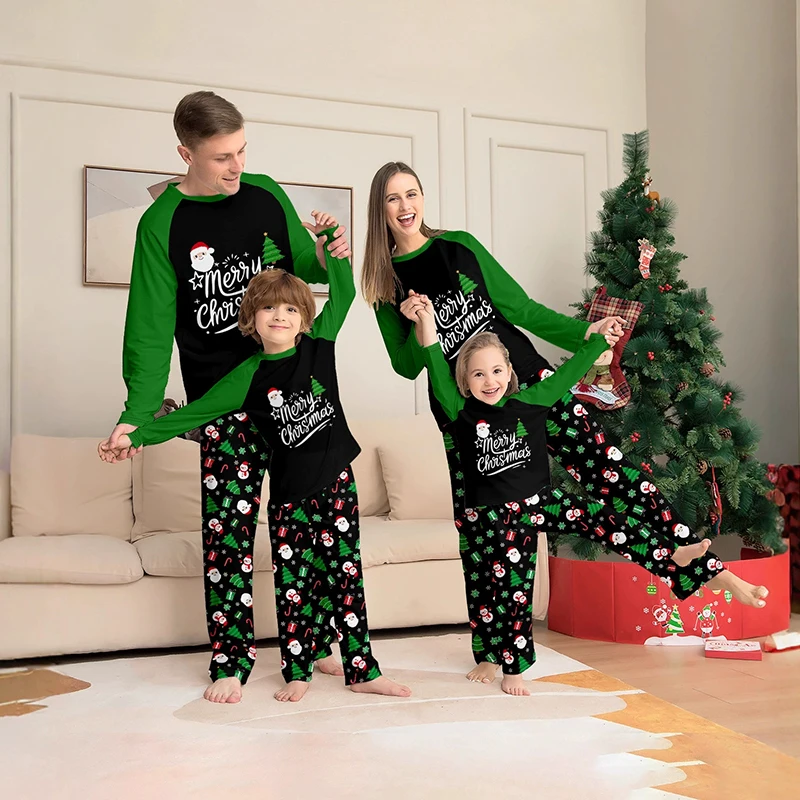 

New 2025 Santa Print Mother Daughter Father Son Matching Family Outfits Christmas Green Pajamas Set Soft Xmas baby +dog jumpsuit