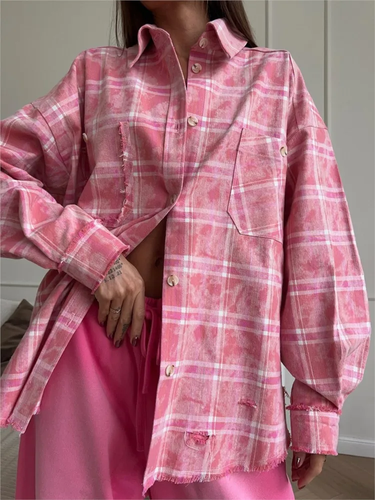 

Women's New Comfortable Casual Top Spring And Autumn Retro Loose Shirt Fashion Elegant Lapel Pocket Plaid Long-sleeved Shirt