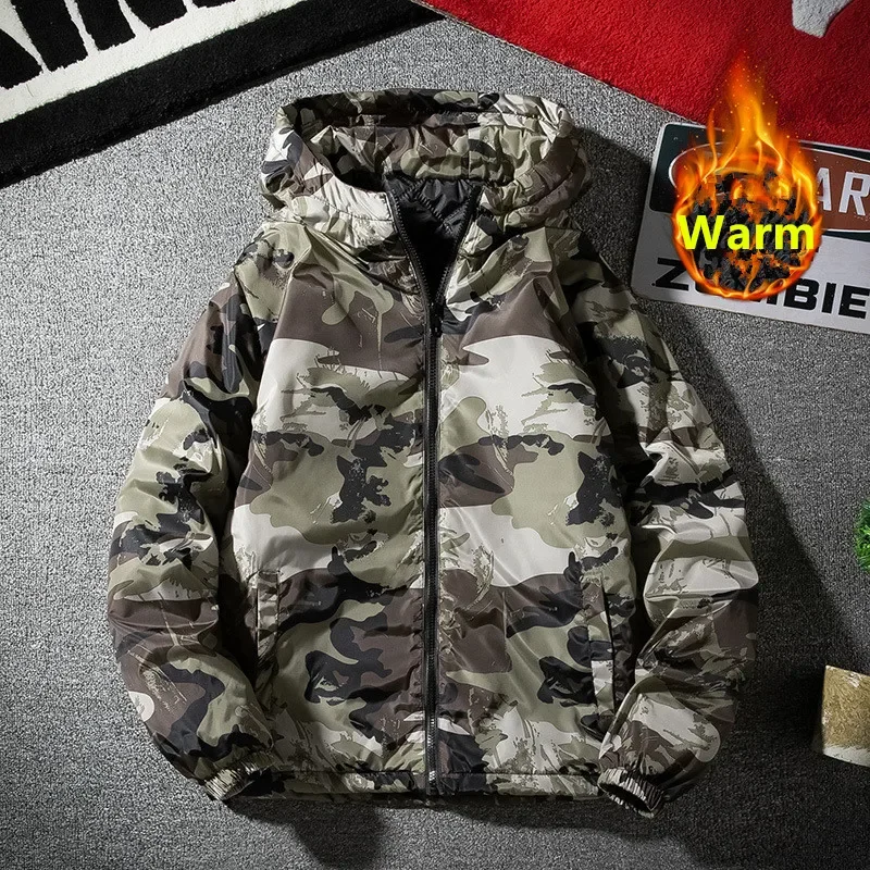 KIDWHXR Men Camouflage Parkas Jacket Autumn Winter Thickened Warm Coat Man Outdoor Long Sleeve Zipper Hooded Male Outerwear