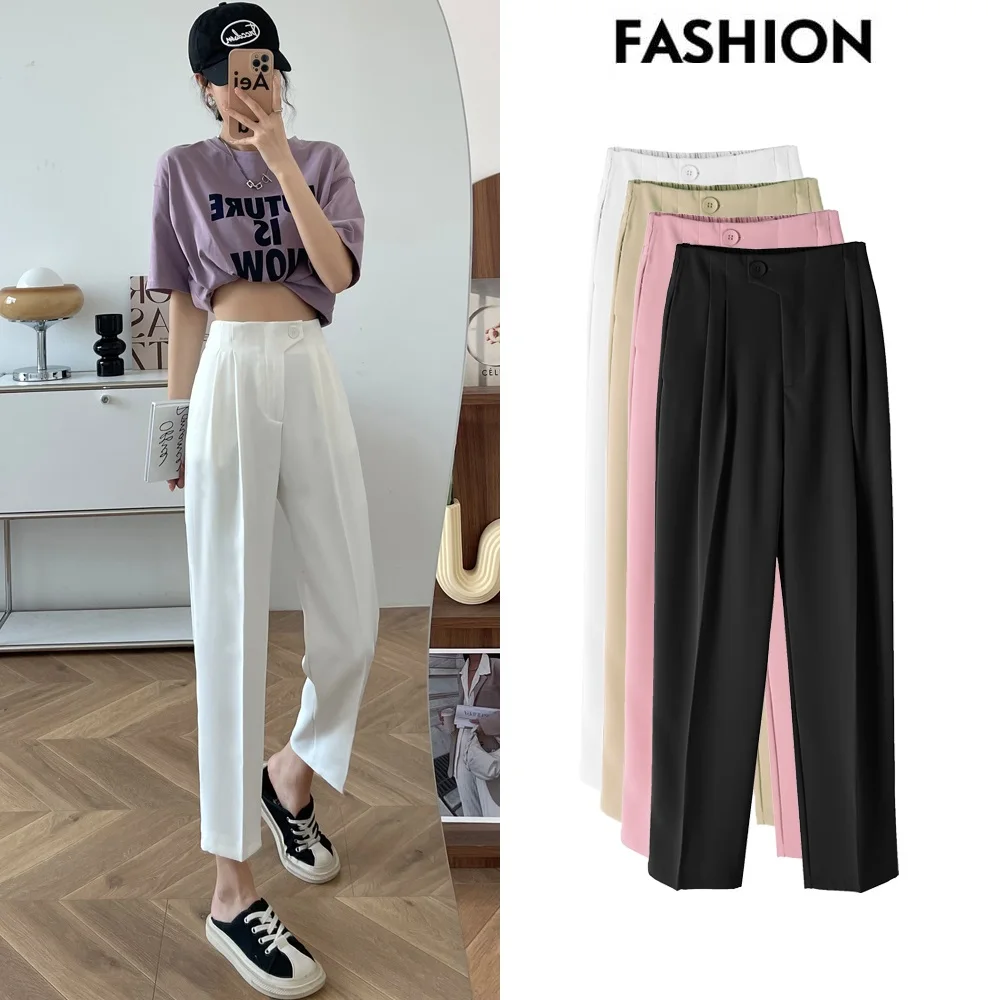 

2023 Ice Silk Suit Pants for Women Summer Thin Loose Straight Tube Draping Smoke Tube Pants High Waist Cropped Slim-fit pants