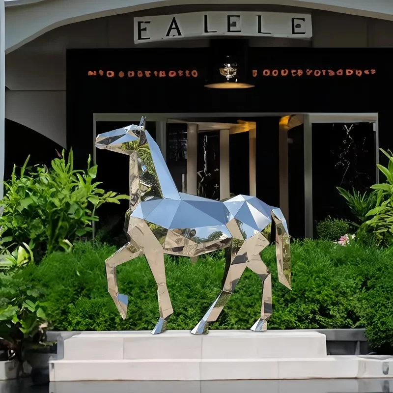 Large outdoor landscape stainless steel geometric-shaped horse-shaped animal sculpture for hotel interior ornaments