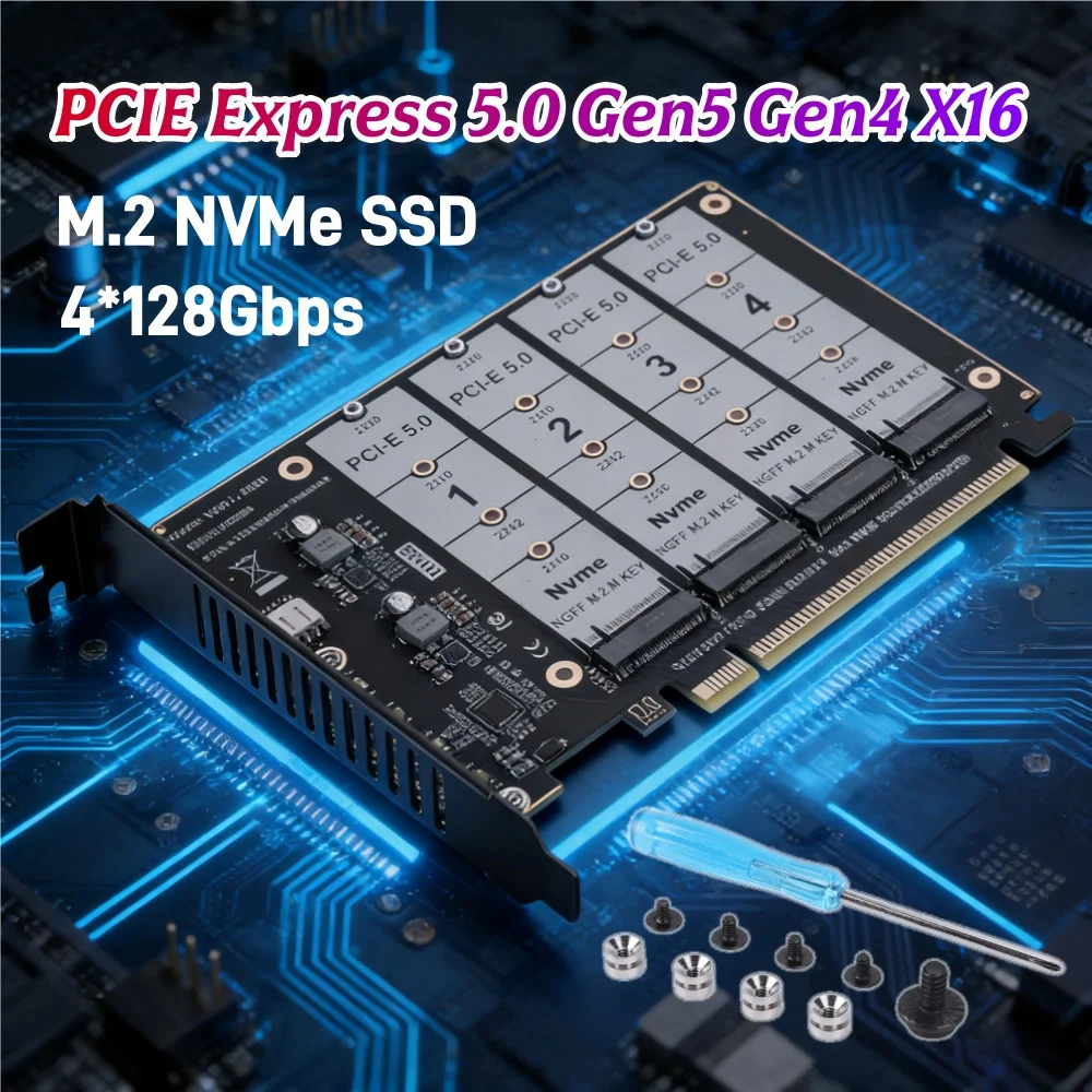 PCIE Express 5.0 Gen5 Gen4 X16 Detachable Bifurcation Raid Card To 4X NVME M.2 NGFF SSD Expansion Card High Speed 4x128Gbps