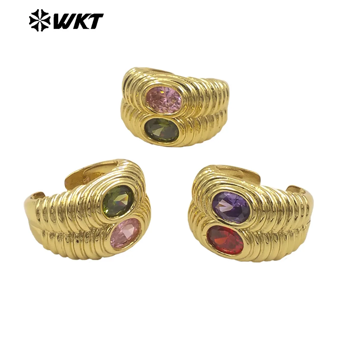 

WT-MR039 Fancy Luxury Double Different Colored Zircon Paved Ring With Fine 18k Gold Plated For Unisex Party Jewelry