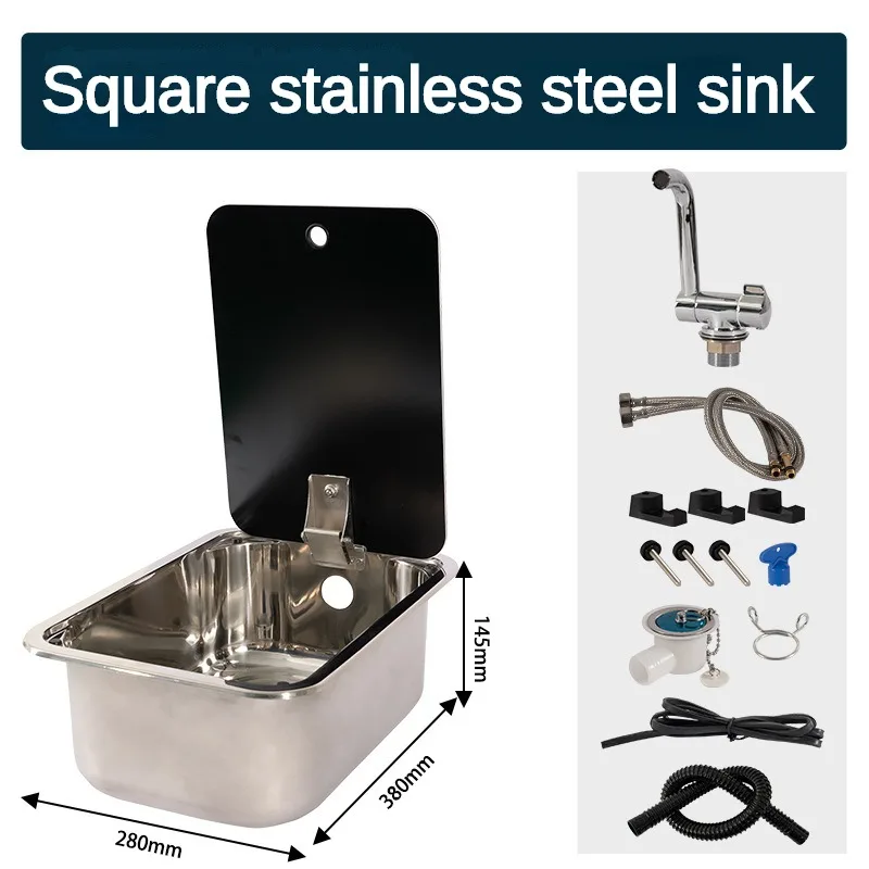 RV Sink for Caravan Round & Square Stainless Steel Hand Wash Basin Sink with Tempered Glass Lid Camper Accessories