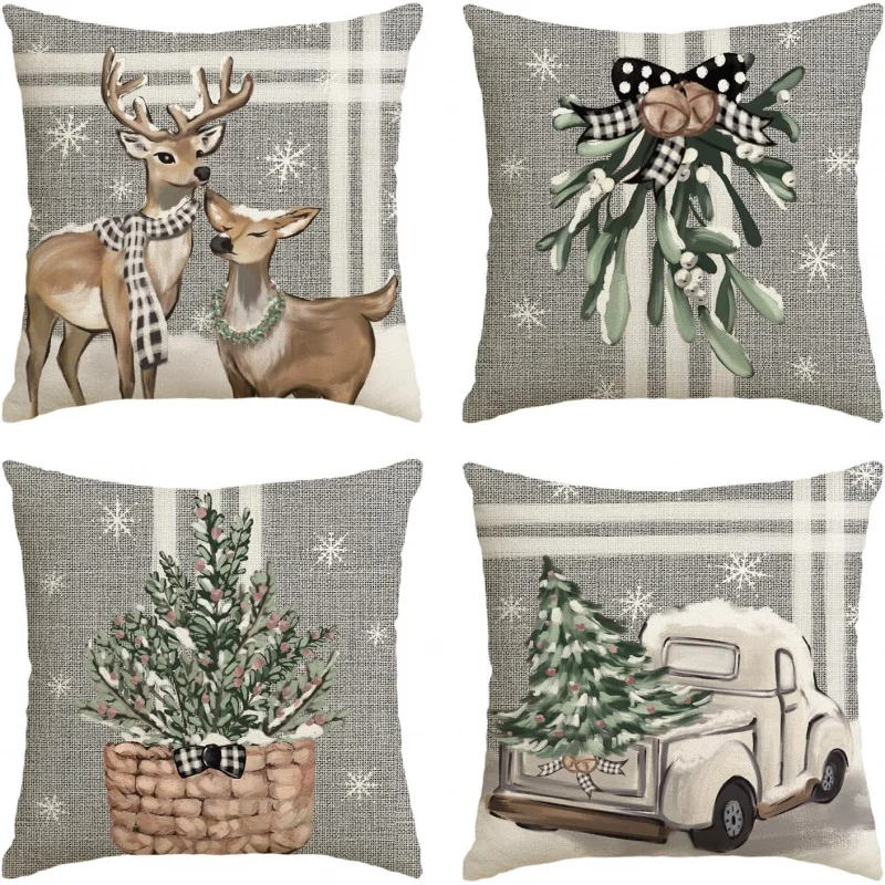 

Christmas tree reindeer truck striped gray pillow cover 18 x 18 inches