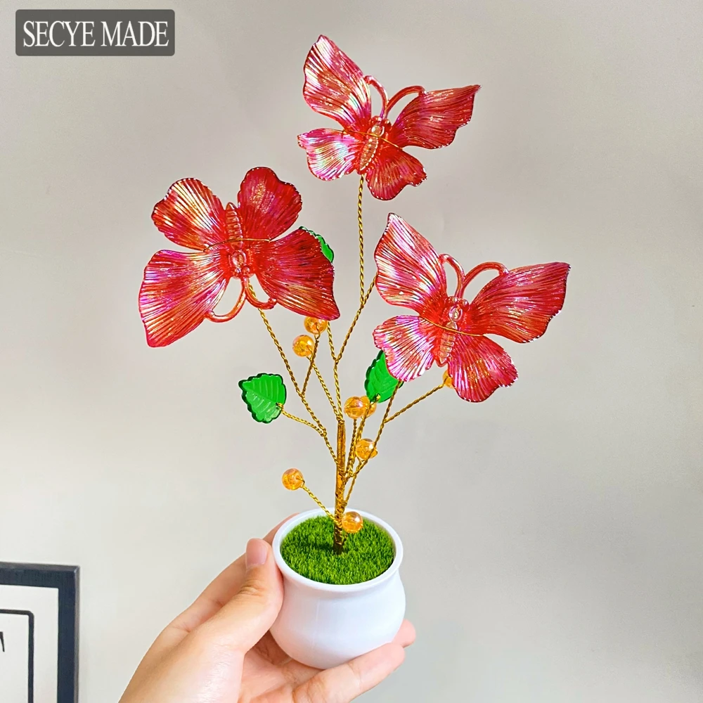 

Artificial Small Potted Plant Red Plastic Butterfly Bonsai Boutique Home Living Room Decoration Indoor Office Desk Ornament L35