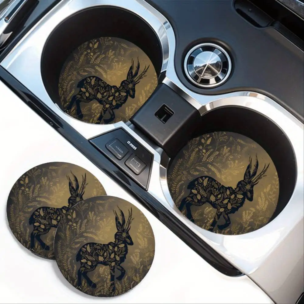 Deer Silhouette EVA Car Cup Holder Coasters Set Of 2 Absorbent Non-Slip Universal Fit Car Interior Decor