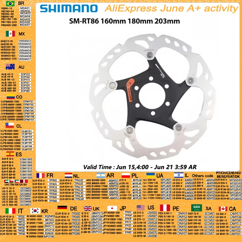 Shimano XT SM-RT86 SLX SM-RT76 SM-RT66 6 śrub Tarcza hamulcowa do hamulca tarczowego MTB Sześć gwoździ 160 mm 180 mm 203 mm Tarcza hamulcowa Wirnik hamulca