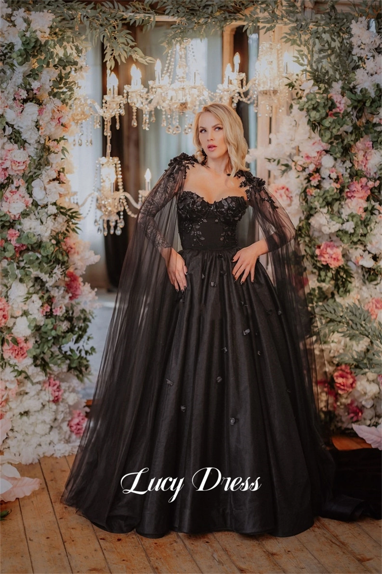 Lucy-vestido De novia negro con decoración De flores, lujosos vestidos De noche para mujer para bodas, bata De noche para mujer, fiesta personalizada