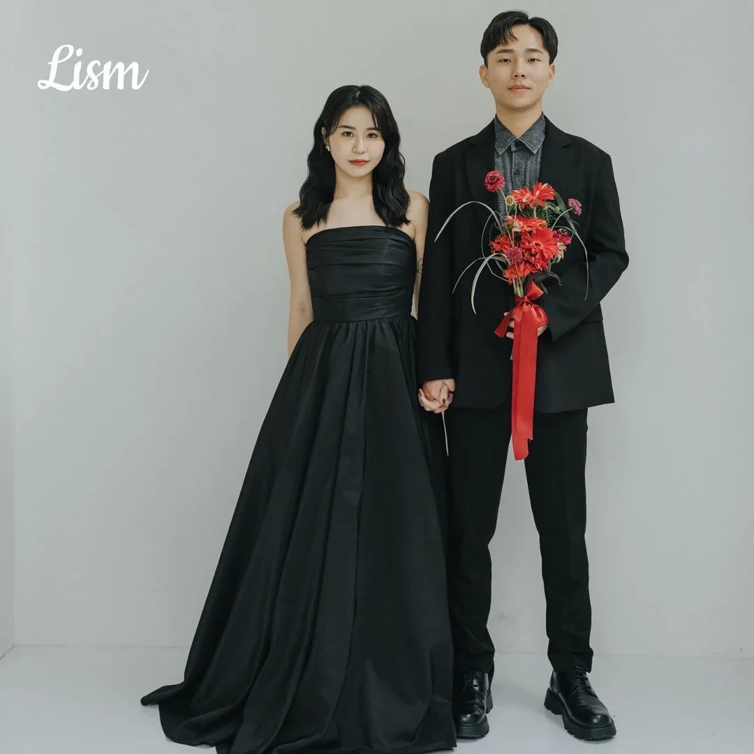 Lism Elegant Black Wedding Dress Strapless Satin Sweep Train A-Line Korea Photo shoot Bridal Reception Gown Customized 2026