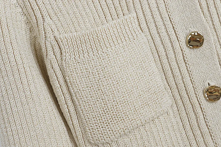 2026 Lente/Herfst Elegante O-hals Gebreide Jurk Vrouwen Single-breasted Knop Verstoorde Gouddraad Detail Lange Mouwen Midi Jurk