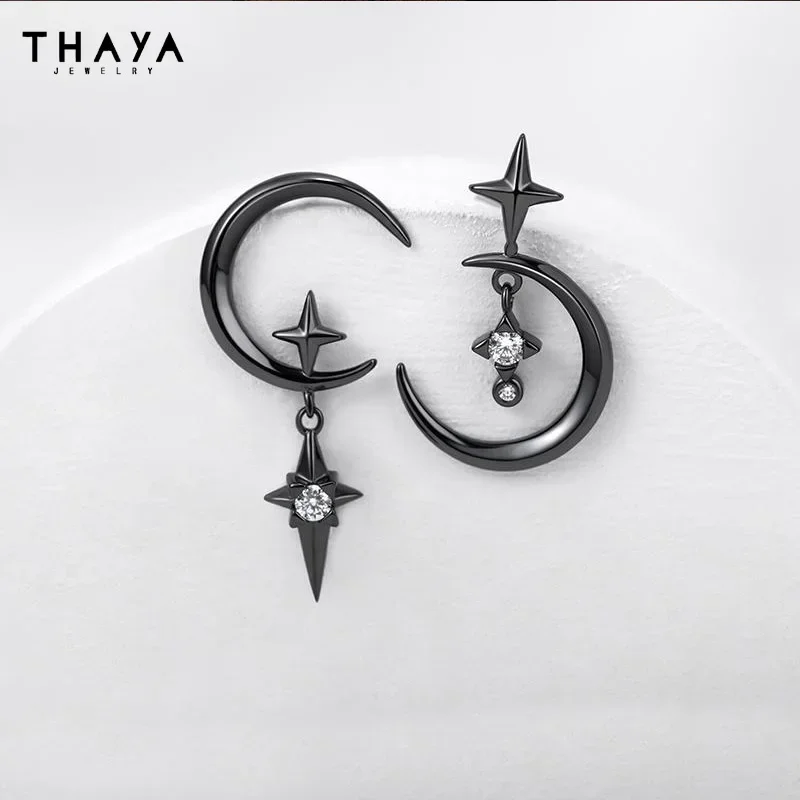 Thaya التصميم الأصلي نجمة والقمر أقراط S925 الفضة إبرة ترصيع القرط للنساء خمر القرط موضة كريستال مجوهرات