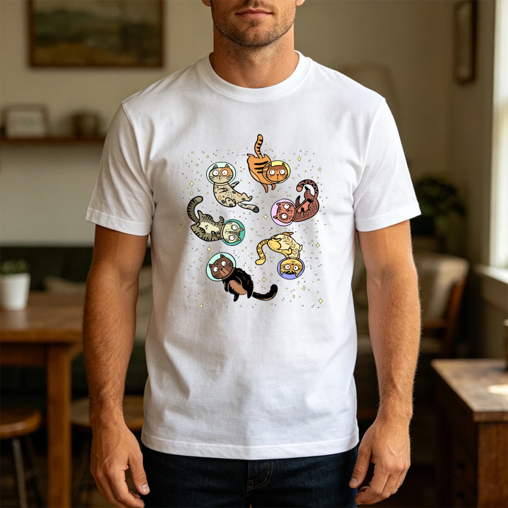 Astronaut Cats Floating In Space Star Cartoon Graphic Tees Short Sleeve Men T Shirt Colorful Space Kitten Print Clothes