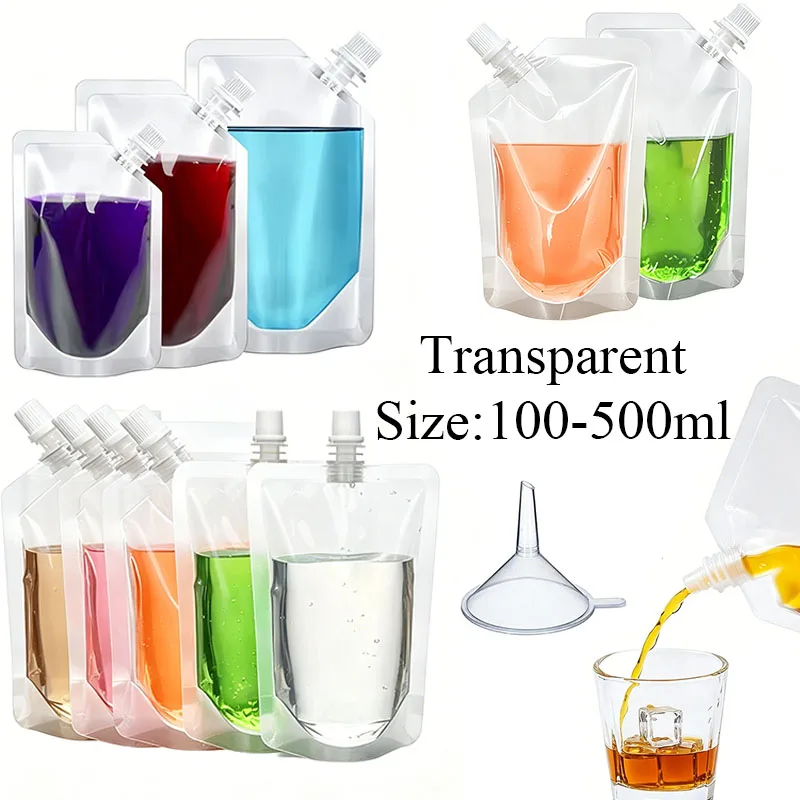 Bolsas de Viaje con Boquilla para Bebidas, Bolsas de Plástico Transparentes Selladas para Almacenamiento de Jugos, Bebidas Frías, Portátiles, de 100ml-500ml