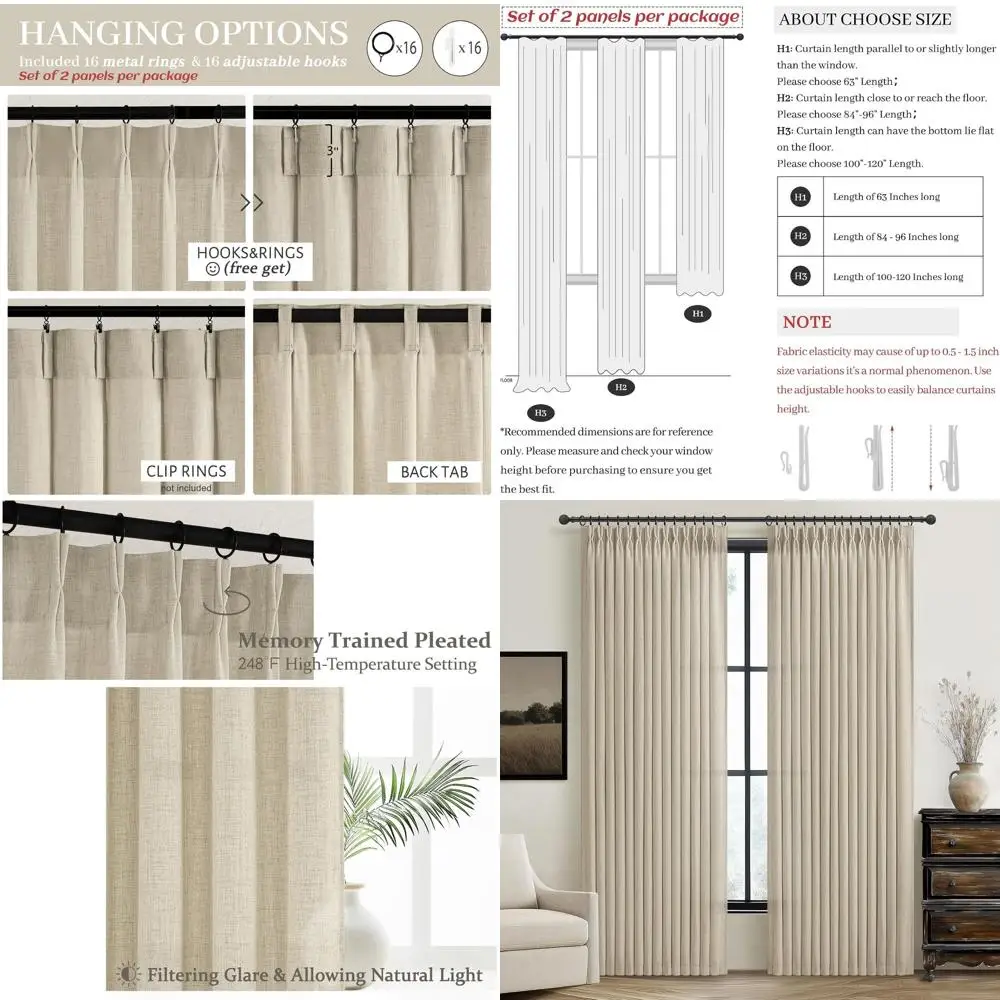 Lichtbruine linnen gordijnen met knijpplooi, 86 lengte, set van 2 panelen, semi-transparant voor kinderkamer, beige filtering, 40 breed x 86 lang