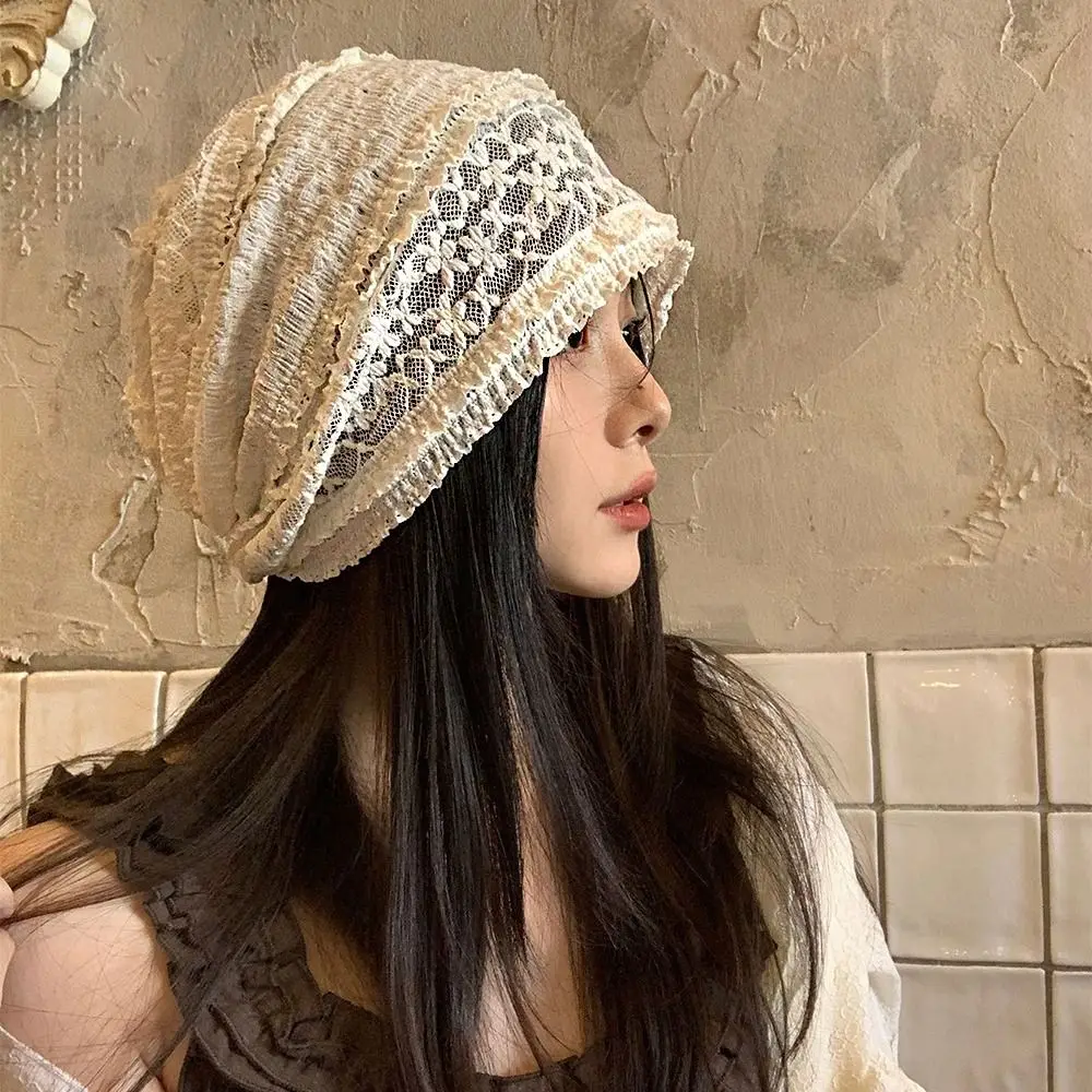 

Cute Hollow Out Embroidered Lace Hat Breathable Spicy Girl Beanies Hat Y2k Thin Flower Cap Apparel Accessories