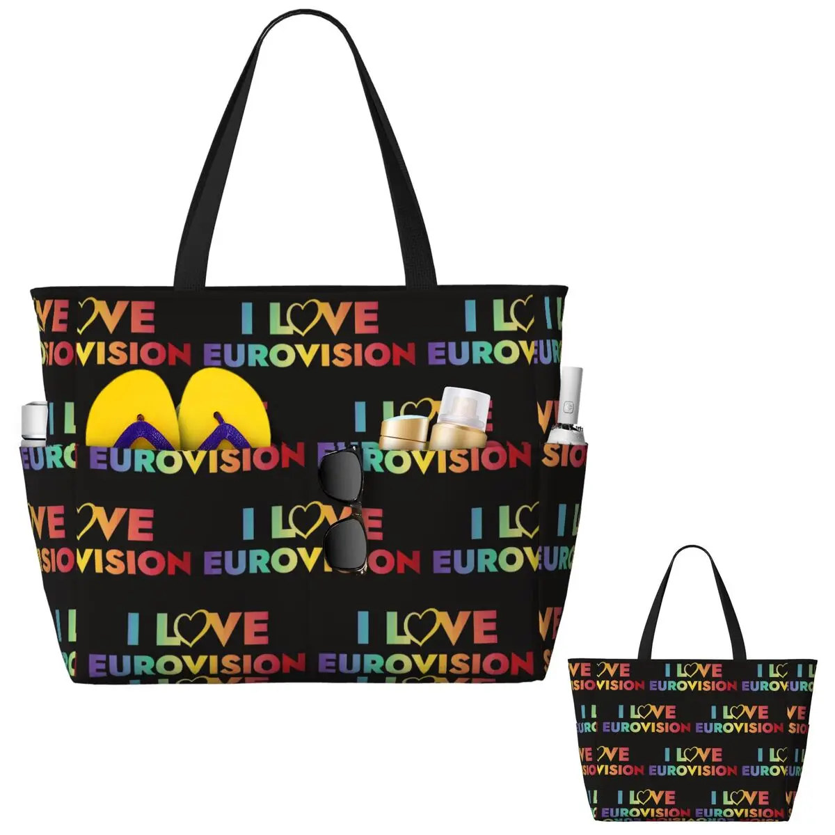 I Love Eurovision - Rainbow Pattern Beach Tote Bag Sport Gym Yoga Duffle Large Tote Bag Women Travel Bag Fitness bag