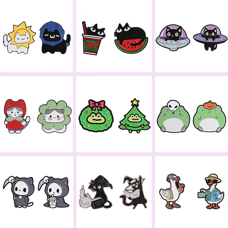 2Pcs Cute Cartoon Animal Enamel Badges Set Cat Frog Duck Alloy Brooches Lapel Backpack Jewelry Gifts For Collector Accessory