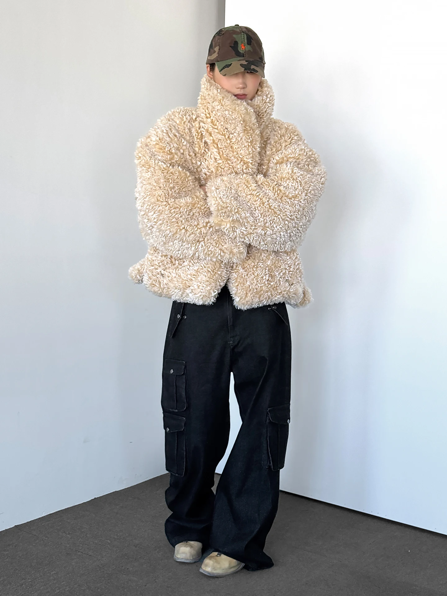 

Warm Faux Fur Teddy Roll Cotton Inserted Fat Clothes Women's Winter Coat Loose Fit Long Sve High Collar No Hat