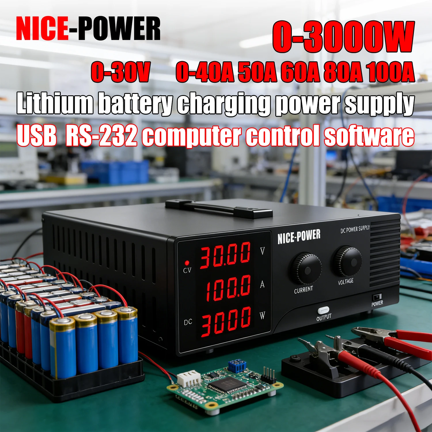 3000W LIB Battery Charge Discharge Test Lab DC Power Supply 0-100A 80A 30V 24V 25.9V With Output Switch USB Programming Software