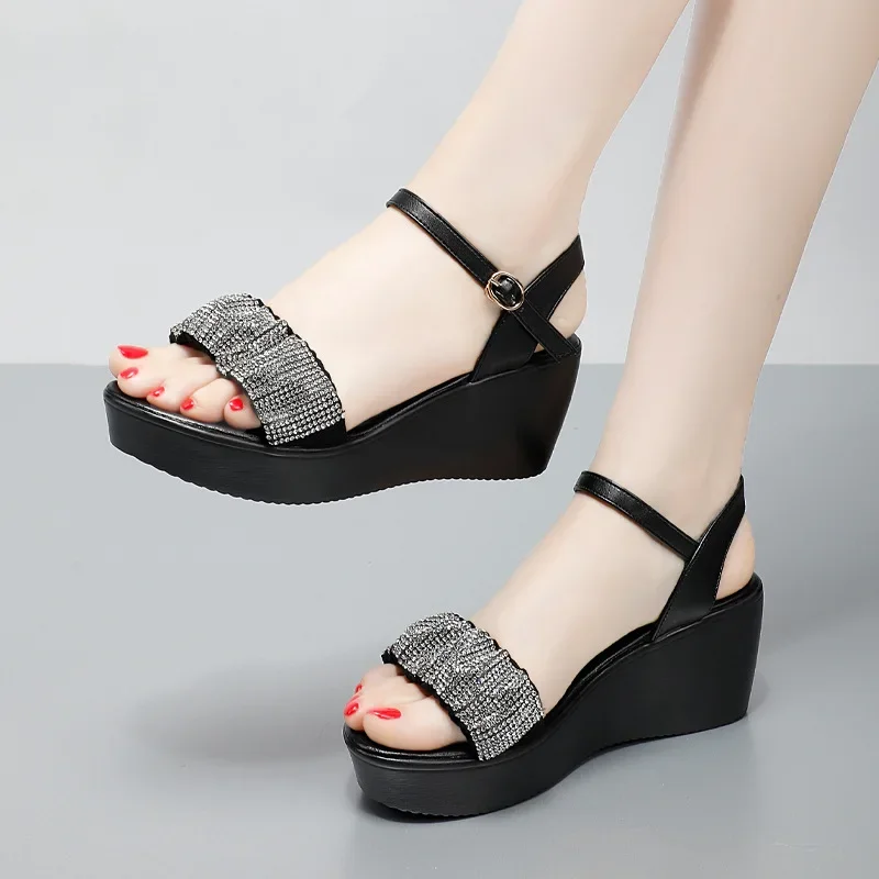 6cm Small Size 32-43 All Match Fahion Comfortable Bling Wedges Sandals 2025 Summer Med Heels Platform Sandals for Office Mom