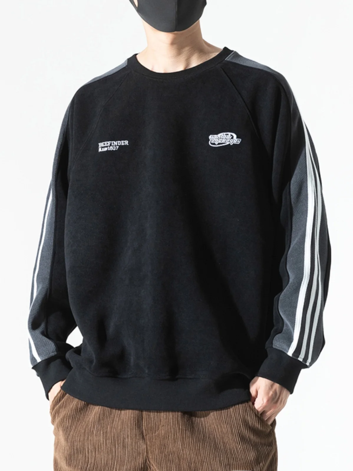 

American Sle Fce Lined 380g Heavyweight European Cotton Velvet round Ne Sweatirt Men's Loose Large Size Striped Colo...