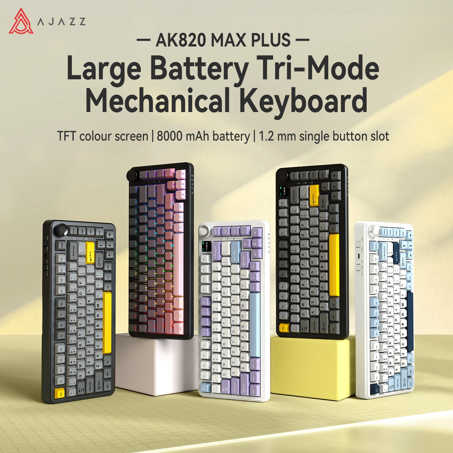 AJAZZ AK820 MAX PLUS Tri-Mode Kabellose Gaming-Tastatur, BT5.1/2.4G/USB-C, Gasket & Vollständig Hot-Swap-fähig, RGB Musik-Rhythmus, Flying Fish/Daydream/Maillard/Avocado Schalter