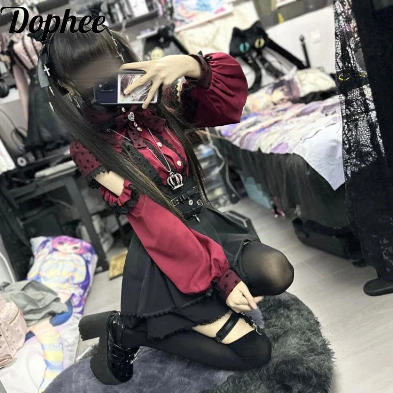 Dophee Original Japan Style Off Shoulder Long Sleeve Women Blouses Love Diamonds Bow Elegant Basic Top Y2k Gothic Casual Shirts