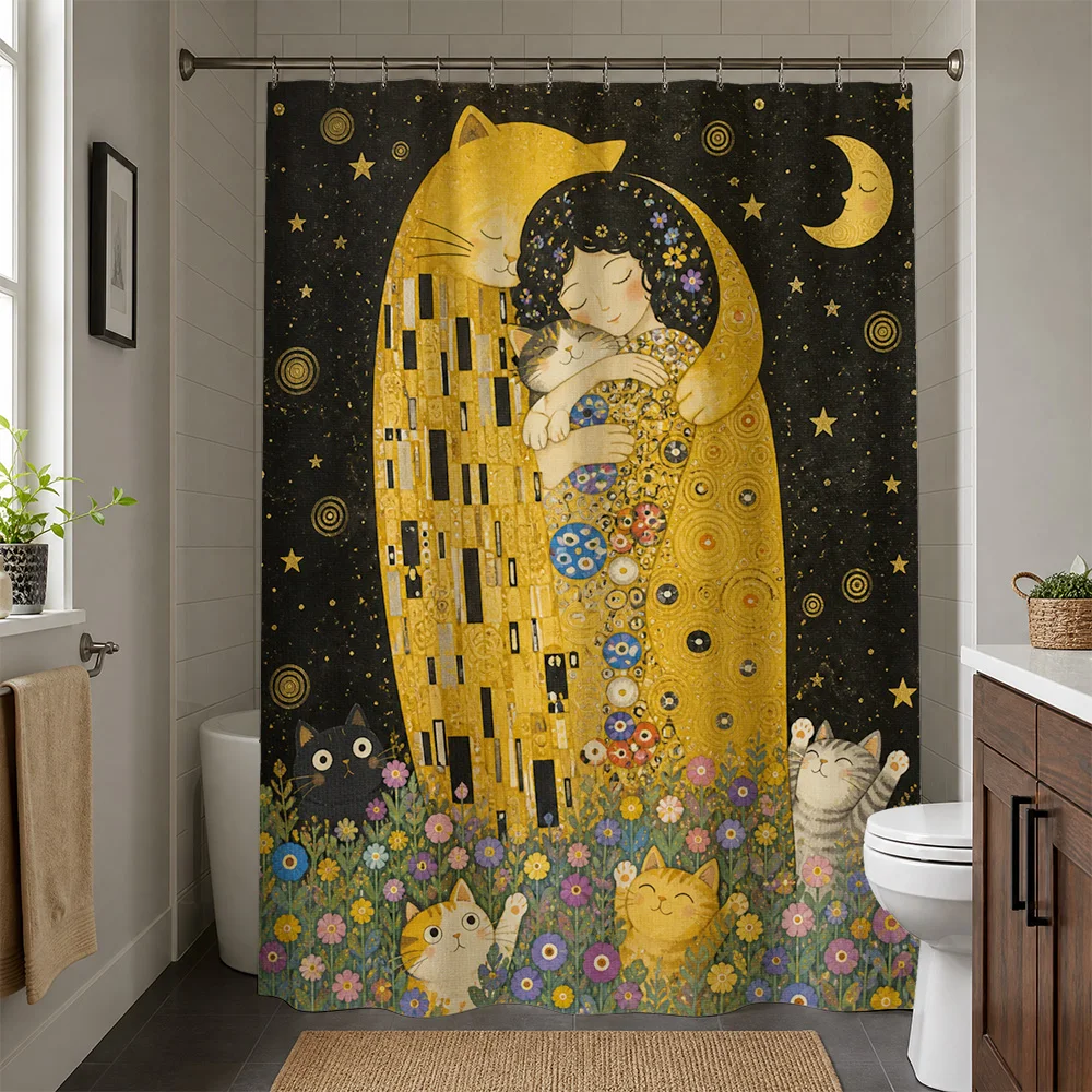 Waterproof Aesthetic Cat Shower Curtain Floral Pattern Whimsical Bathroom Decor Liner Cute Cartoon Animals Master Bathroom Curta