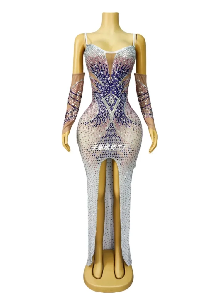 

New Sparkling Rhinestone Evening Performance Dress Sleeve Slip See Through Luxury Women Jumpsuit Festival Outfit