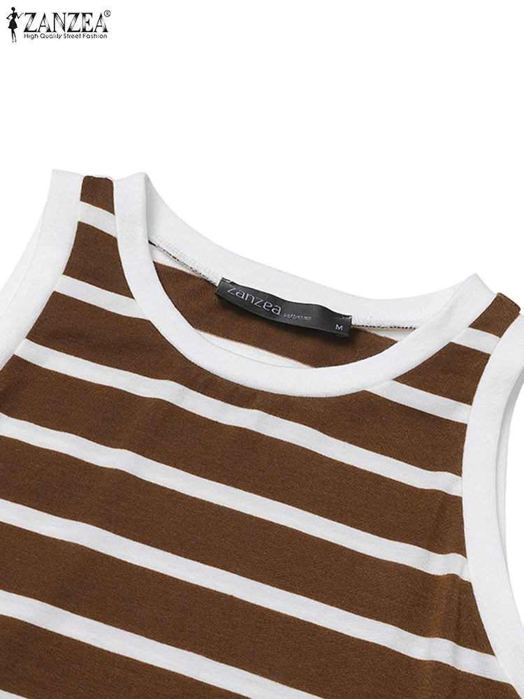 

ZANZEA Women Sexy Sleeveless Strap Maxi Dresses 2025 Summer Fashion Striped Printed Knitted Robe Casual O-neck Beach Sundress