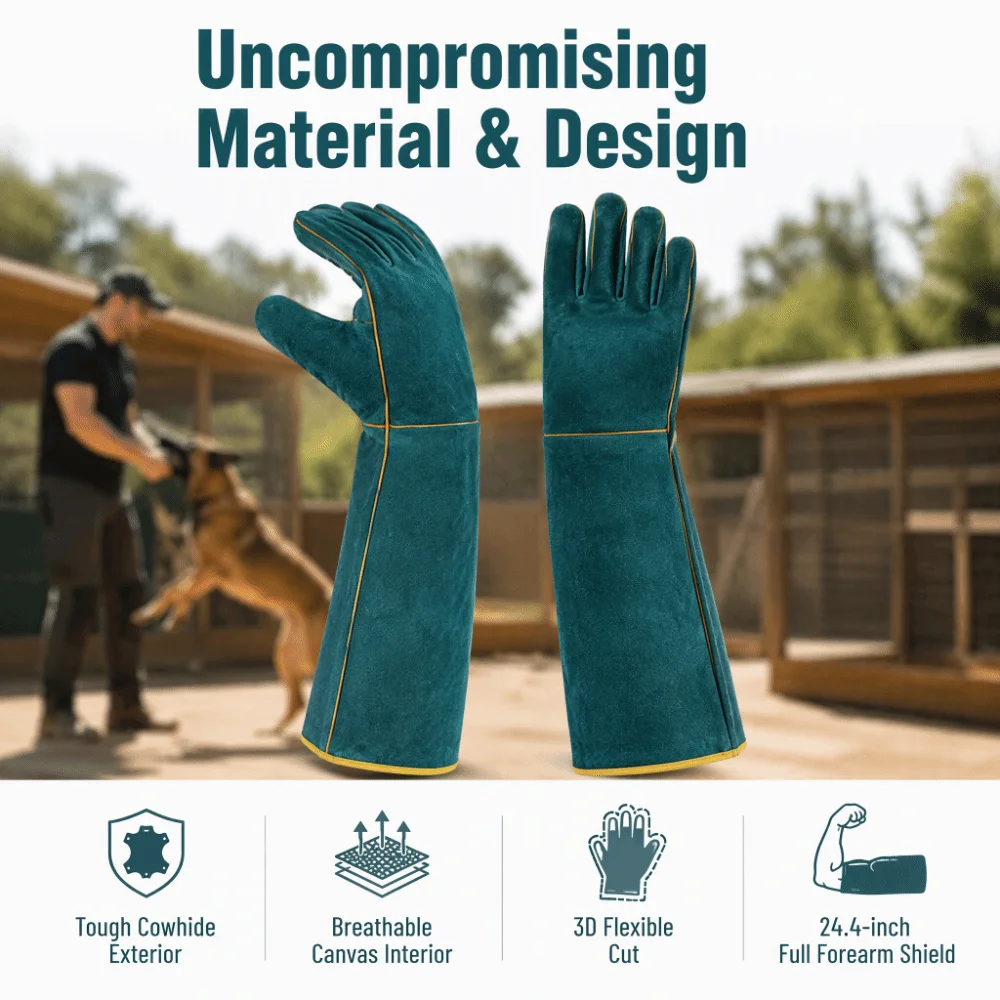 1 pair Double Layer Construction Animal Handling Gloves Inner Canvas Lining Outer Cowhide Leather Forearm Protection Gloves