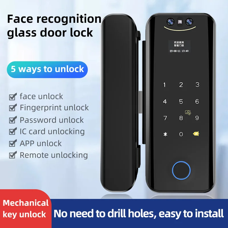 Smart WIFI Tuya Fingerprint Door Lock APP Remote Unlock 3D Facial Recognition Glass Door Lock Biometric Access Control System