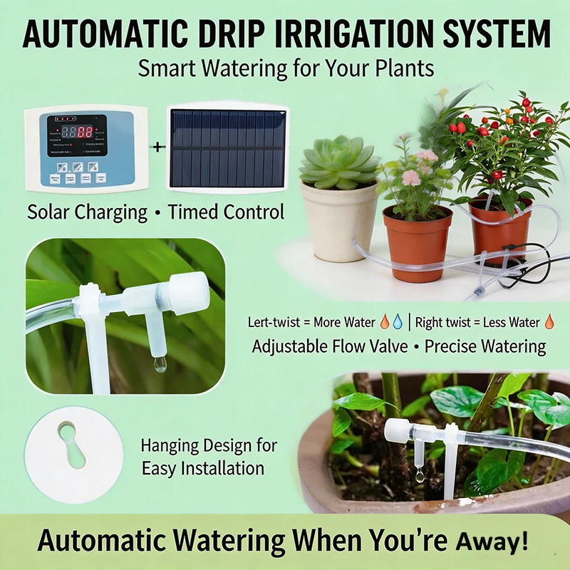 Solar Powered Automatic Drip Irrigation Kit DIY Self Watering System For Garden Patio Greenhouse Potted Plants