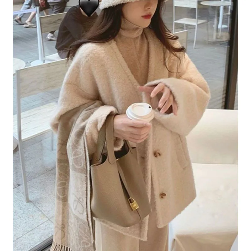 

Autumn Winter New Women's Solid Color V-Neck Button Pockets Fashion Lamb Wool Coats Casual Loose Versatile Long Sleeve Tops