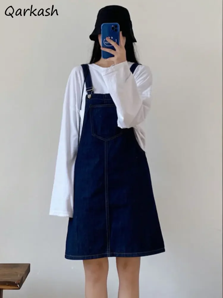 Denim Mini sukienki damskie luźne, solidne, delikatne Ulzzang Vintage Casual kwadratowy kołnierzyk letni College leniwy cały mecz Streetwear nastolatki