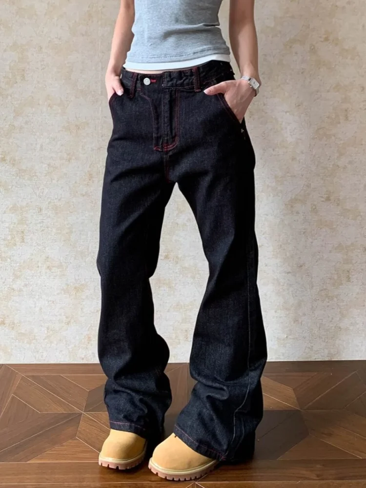 2025 Trend Y2K Style Black Baggy Casual Women's Bootcut Jeans Pants Woman Clothing Low Rise Cotton Long Trousers Pantalon Femme