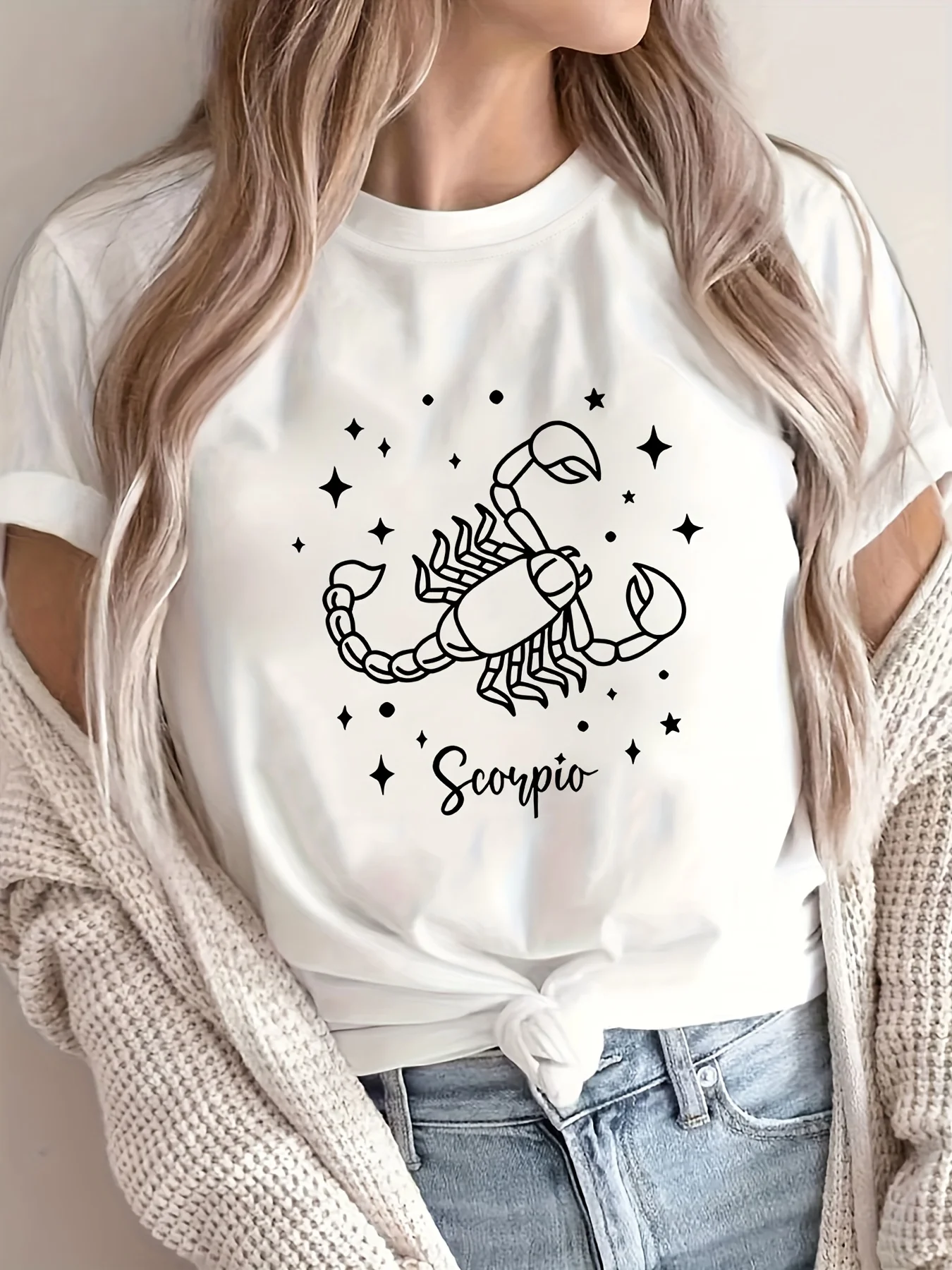 Women's Scorpio Zodiac Sign Grey Casual Short Sleeve Round Neck Blouse with Scorpio Symbol Astrological Print Scorpion