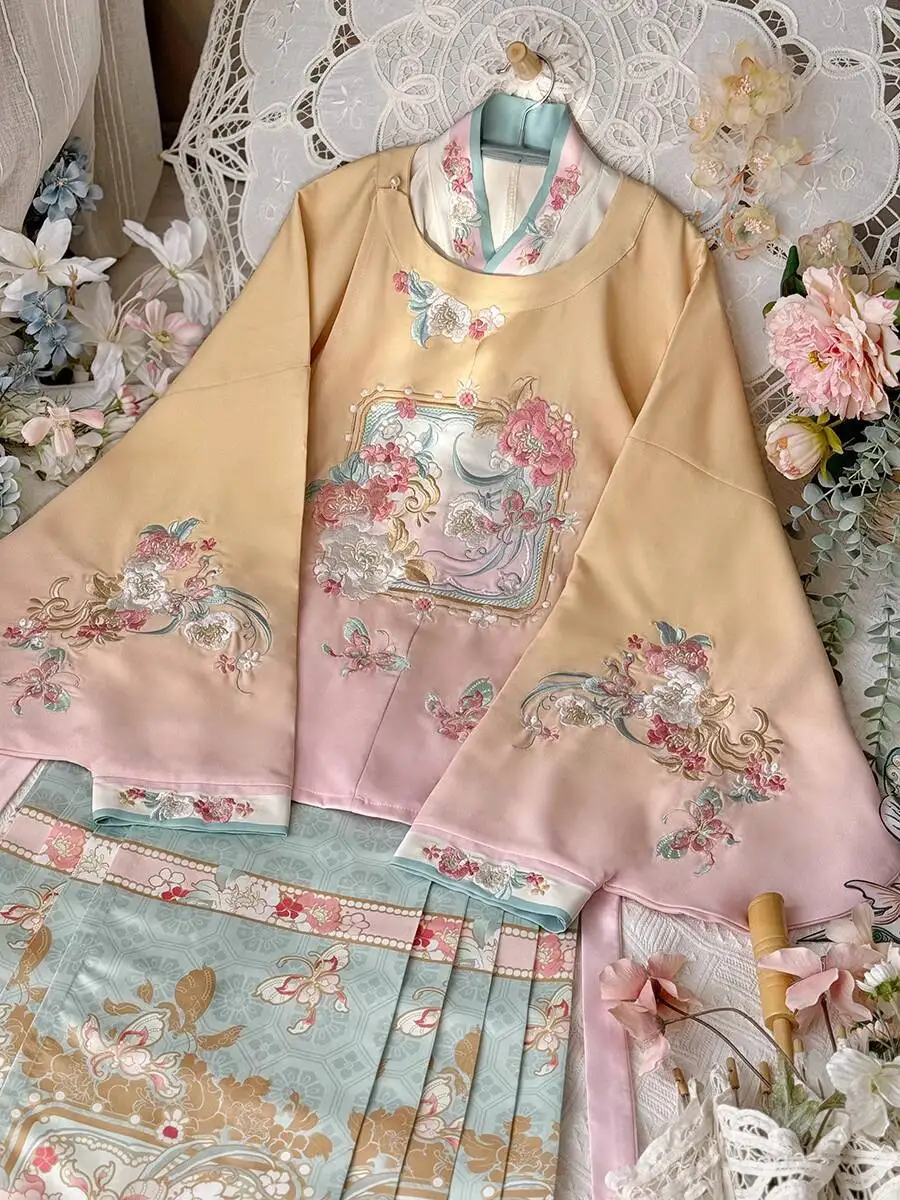 New Hanfu Women Ming System Round Neck Big Collar Embroidery Pipa Sleeves Horse-face Skirt Fiesta Carnival Halloween Cos Cosplay