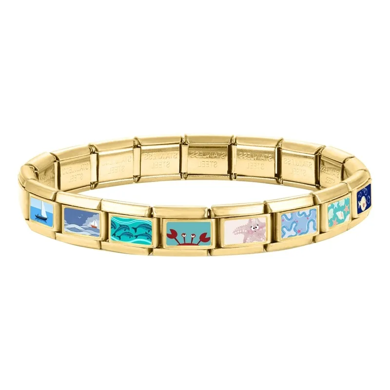 2025 Blue Sea Sailing Wave Seagull Starfish Golden Italian Charm Links Fit 9mm Stainless Steel Bracelet Women Jewelry DIY Making