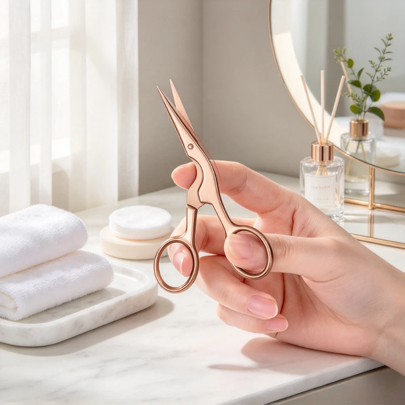 Eyebrow Scissors Set, Rose Gold Brow Grooming Kit with Brush, Curved Neck and Adjustable Trimming Angle for Neat Brow Shaping