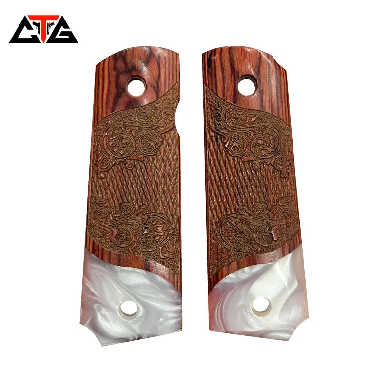 

CTG 1911 Full Size Checkered Wood Inlay White Pearl Grips With Screws Wrench