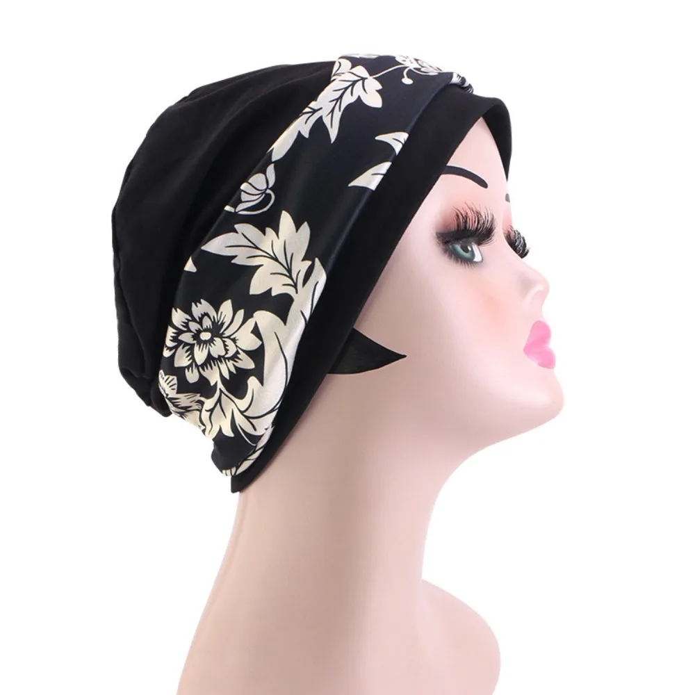 

Fashion Flower Print Bohemian Headband Hat Comfortable Breathable Printed Cross Hair Headband Stretch Fabric Hair Care Cap Women