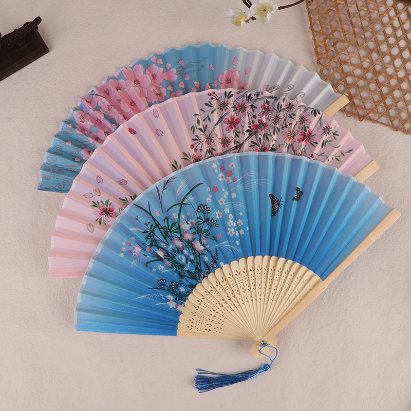△ Vintage Printed Silk Folding Hand Fan Tassel Chinese Bamboo Fans Women Dance Performance Props Home Decoration Ornaments