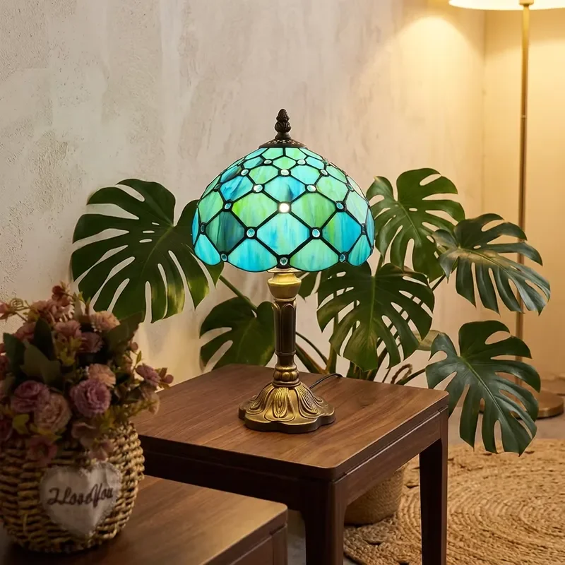 Vintage Medieval Dome Table Lamp 8 Inch Blue Mosaic Stained Glass Shade Reading Light for Living Room Bedroom Desk Decor