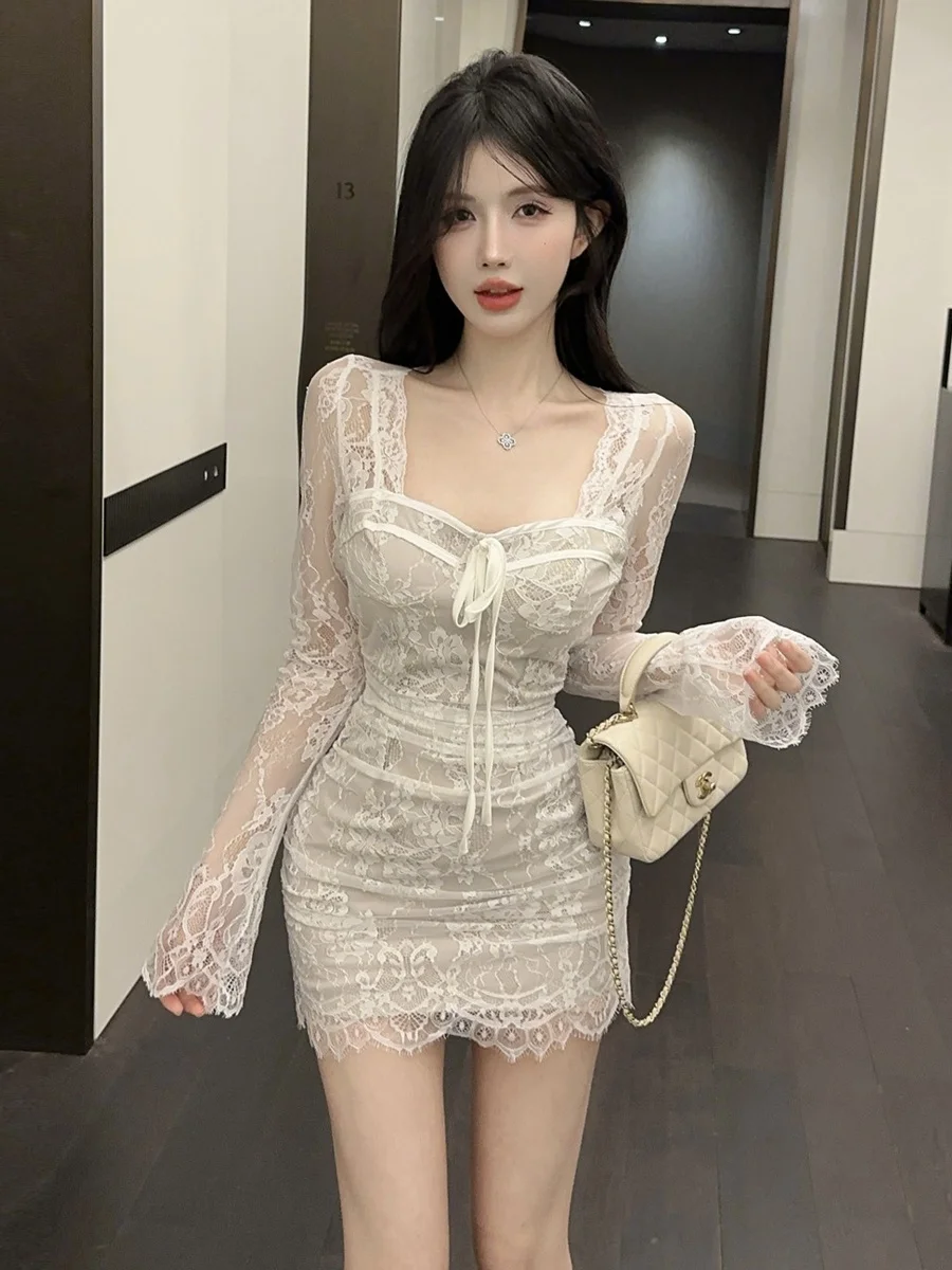 

Sexy Retro Square Collar Long Sve Dr Pure Desire Lace Slim Fit Bodycon ort Skirt Women's Faion Spring Autumn Winter