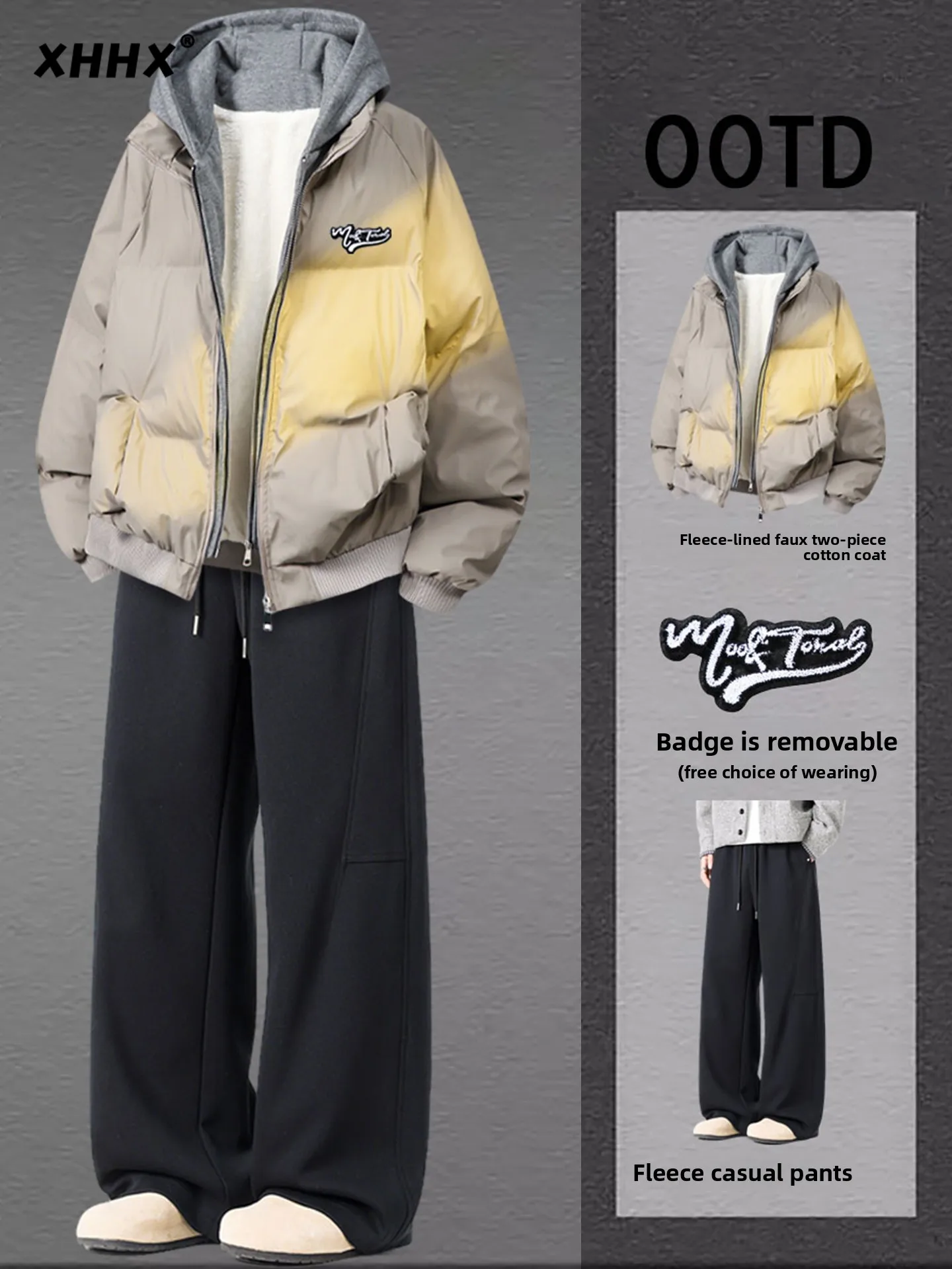 

Мужской зимний комплект: утепленная куртка с капюшоном из искусственной кожи и брюки, повседневный свободный крой, длинный рукав, застежка-молния, цветной полиэстер