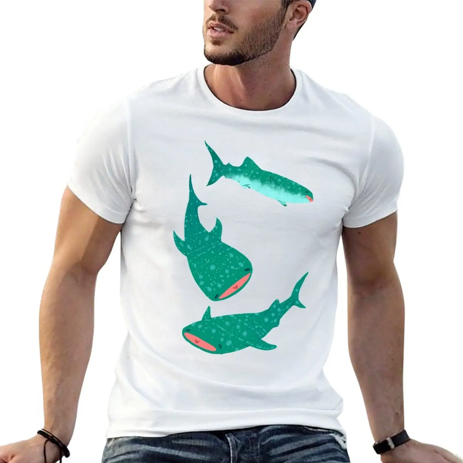 Teal Whale Shark T-Shirt Basic Plain Short Sleeve Crew Neck Tee